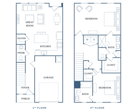 Floor plan for 2 beds, 2.5 baths, 1346 sqft